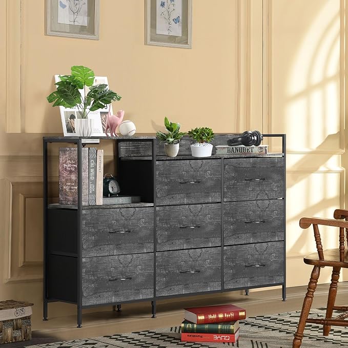 MOOACE TV Stand with Charging Station, 52'' Long TV Stand with 8 Storage Drawers and Open Shelves, Chests, Dresser for Bedroom, Living Room, Dark Gray - LeafyLoom