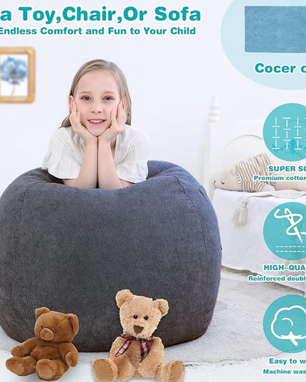 Stuffed Animal Storage Bean Bag Chair Cover (No Filler) for Kids and Adults.Soft Premium Corduroy Stuffable Beanbag for Organizing Children Plush Toys or Memory Foam Small 100L (Dark Grey) - LeafyLoom