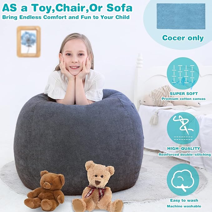 Stuffed Animal Storage Bean Bag Chair Cover (No Filler) for Kids and Adults.Soft Premium Corduroy Stuffable Beanbag for Organizing Children Plush Toys or Memory Foam Small 100L (Dark Grey) - LeafyLoom