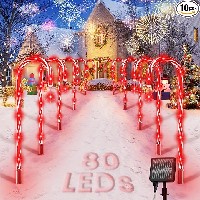 AOSEA Christmas Decorations Outdoor, 80 Red LEDs Solar Christmas Candy Cane Lights, 10 Pack Solar Pathway Lights with 8 Lighting Modes, Waterproof Solar Lights for Yard, Walkway, Lawn, Garden Decor AOSEA