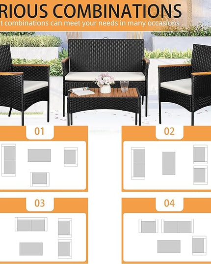Shintenchi 4-Piece Patio Furniture Set, Outdoor Wicker Patio Conversation Furniture Set with Cushions and Wooden Tabletop for Paito Lawn Backyard, White Cushion - LeafyLoom