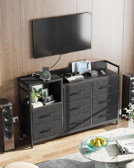 ODK Dresser with Charging Station, 52-Inch Long Dresser TV Stand for Bedroom, Large Dresser with 8 Storage Drawers, Chest of Drawers Easy-Pull Fabric Dressers for Living Room, Black - LeafyLoom