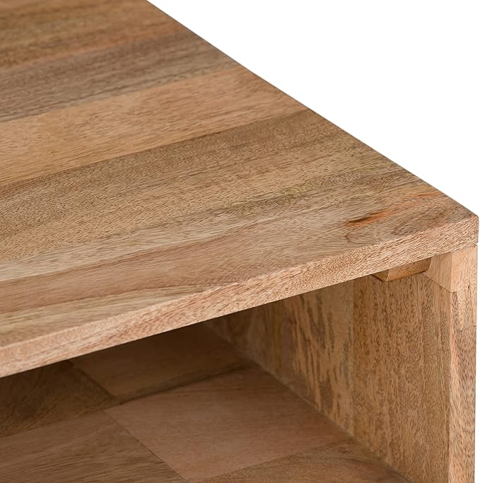 SIMPLIHOME Hunter Solid Mango Wood and Metal 22 inch wide Square Mid Century Modern End Side Table in Natural with Storage, 1 Shelf, for the Living Room and Bedroom - LeafyLoom