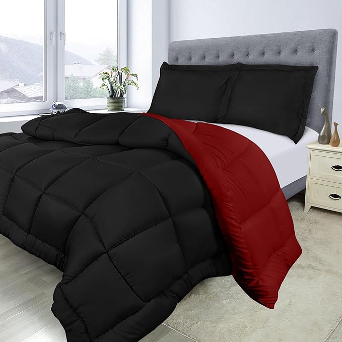 Utopia Bedding Queen Size Comforter Set with 2 Pillow Shams, Bedding Comforter Sets, Down Alternative Reversible Black/Red Comforter, Soft and Comfortable, Machine Washable - LeafyLoom