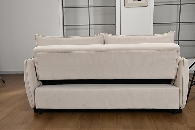 Queen Size Loveseat Sleeper Sofa,3 in 1 Soft Corduroy Upholstered Oversized Convertible Love Seat Sofabed cum Daybed W/Pull Out Sleep Couch Bed and Reclining Backrest for Living Space, 75“, Beige - LeafyLoom