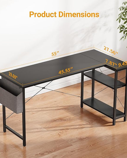 BANTI L Shaped Small Computer Desk with Storage Shelves, 55" Home Office Small Corner Desk Study Writing Table, Black - LeafyLoom