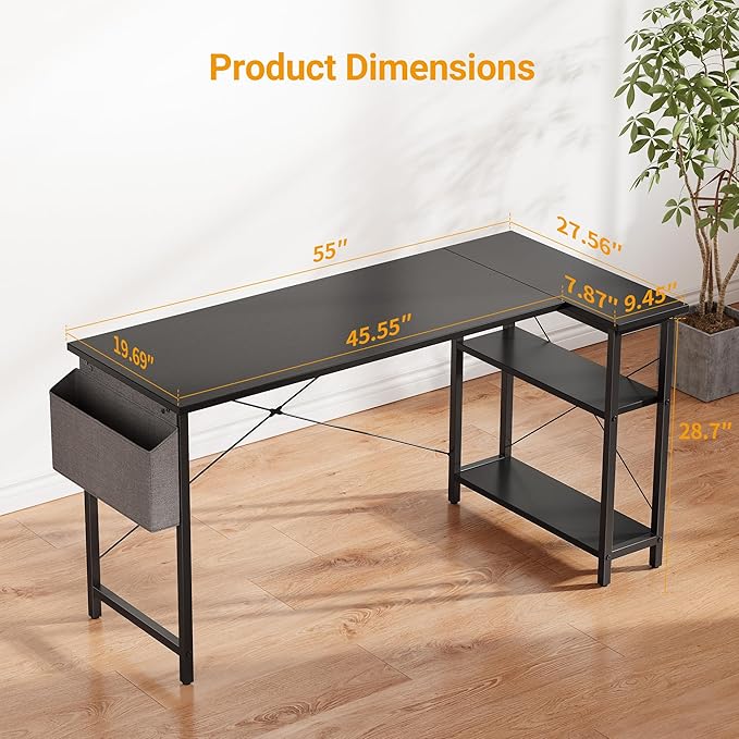BANTI L Shaped Small Computer Desk with Storage Shelves, 55" Home Office Small Corner Desk Study Writing Table, Black - LeafyLoom