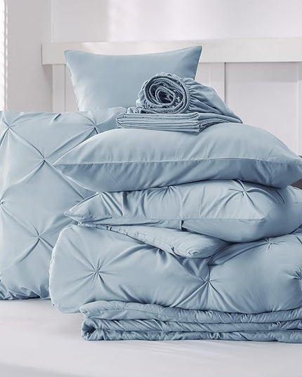 Bedsure King Size Comforter Set - Bedding Set King 7 Pieces, Pintuck Bed in a Bag Light Blue Bed Set with Comforter, Sheets, Pillowcases & Shams - LeafyLoom