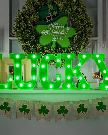 Tifeson St Patricks Day Decorations, St Patricks Day Decor - 5 LED Marquee Light Up Letters “Lucky” with Green Lights for Home Table Mantle Irish Saint Patrick’s Party Decor (Batteries Not Included) - LeafyLoom