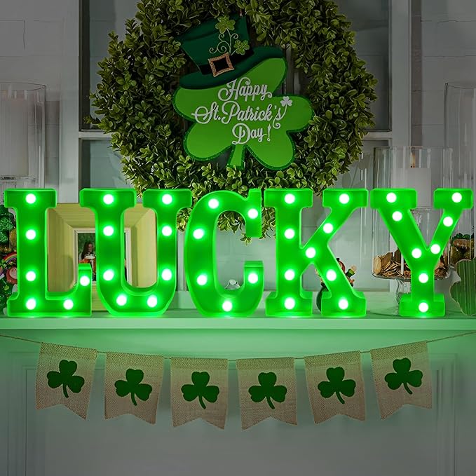 Tifeson St Patricks Day Decorations, St Patricks Day Decor - 5 LED Marquee Light Up Letters “Lucky” with Green Lights for Home Table Mantle Irish Saint Patrick’s Party Decor (Batteries Not Included) - LeafyLoom