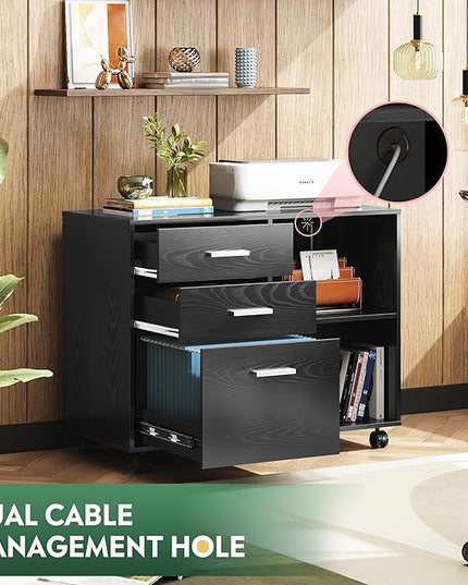DEVAISE 3-Drawer Wood File Cabinet, Mobile Lateral Filing Cabinet, Printer Stand with Open Storage Shelves for Home Office, Black - LeafyLoom