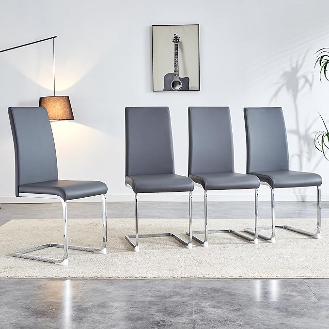 Modern Dining Chairs Set of 4, PU Faux Leather Backrest Cushioned Edge Chairs, Suitable for dining, kitchen, dressing table, terrace, Gray+PU - LeafyLoom