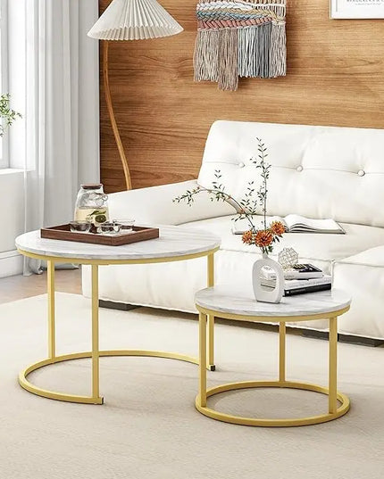Round Coffee Table Set of 2 End Tables for Living Room,Circular and Marble Nesting Coffee Table Wooden Accent Furniture with Golden Metal Frame,Stacking Side Tables,White - LeafyLoom