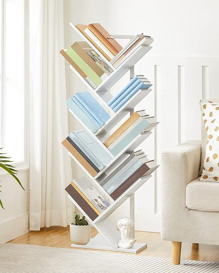 HOOBRO Tree Bookshelf, 9-Tier Bookcase Wooden Shelves, Floor Standing Storage Rack, for Display of CDs, Books in Living Room, Home Office, Wood Storage Rack for Bedroom, White WT08SJ01G1 - LeafyLoom
