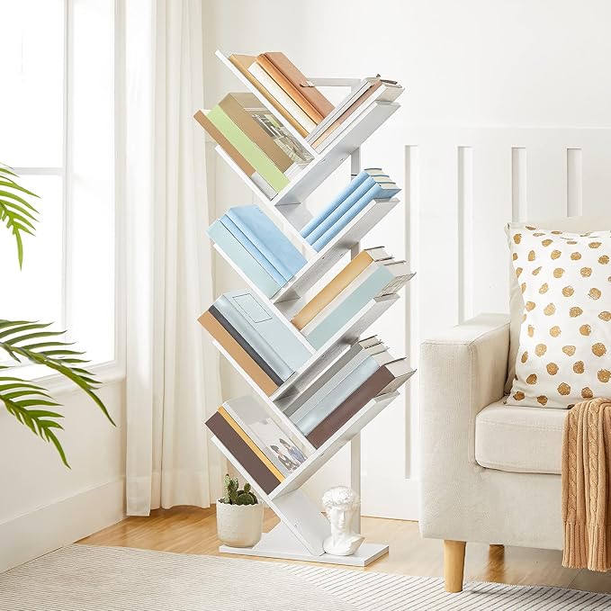 HOOBRO Tree Bookshelf, 9-Tier Bookcase Wooden Shelves, Floor Standing Storage Rack, for Display of CDs, Books in Living Room, Home Office, Wood Storage Rack for Bedroom, White WT08SJ01G1 - LeafyLoom