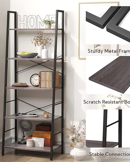 Yusong Bookshelf, Ladder Shelf 5-Tier Bookcase for Bedroom, Industrial Book Shelves Storage Rack with Metal Frame for Home Office, Gray - LeafyLoom
