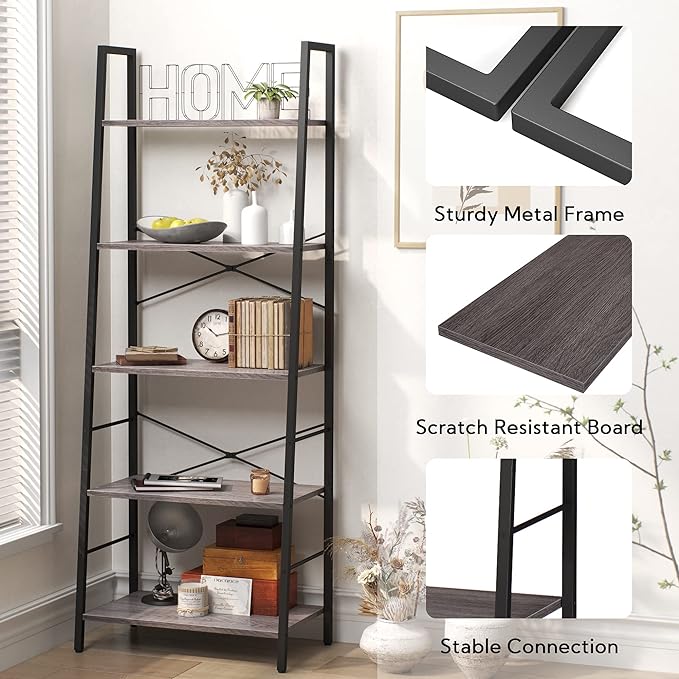 Yusong Bookshelf, Ladder Shelf 5-Tier Bookcase for Bedroom, Industrial Book Shelves Storage Rack with Metal Frame for Home Office, Gray - LeafyLoom