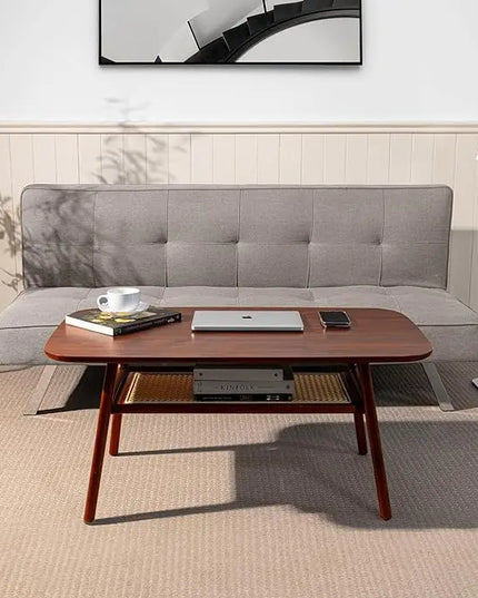 Bme Nancy Solid Acacia Wood Coffee Table for Living Room, Spacious Oval-Shaped 237 Lbs Top Capacity, Rattan Shelf below, Mid Century, Rustic and Modern Style Living Room Furniture, Dark Chocolate - LeafyLoom