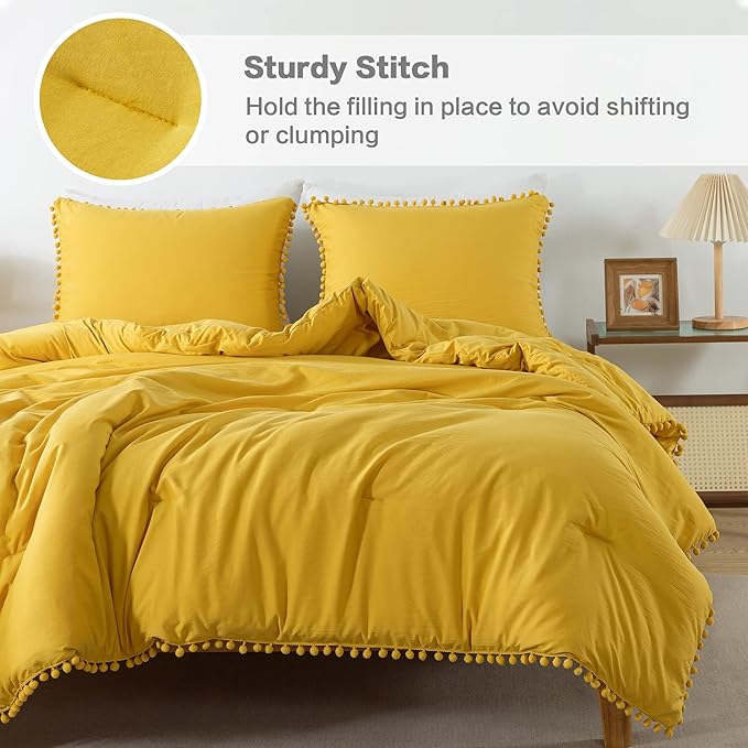 Litanika King Size Comforter Set Mustard Yellow,3 Pieces Mustard Yellow Boho Pom Pom Lightweight Bed Comforter, All Season Soft Bedding Comforter Sets (1 Comforter 104x90 Inch, 2 Pillowcases) - LeafyLoom