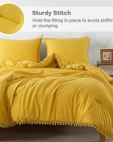Litanika Comforter Full Size Set Mustard Yellow,3 Pieces Mustard Yellow Boho Pom Pom Lightweight Bed Comforter Full,All Season Soft Bedding Comforter Sets (1 Comforter 79x90 Inch, 2 Pillowcases) - LeafyLoom