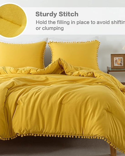 Litanika Queen Size Comforter Set Mustard Yellow,3 Pieces Mustard Yellow Boho Pom Pom Lightweight Bed Comforter, All Season Soft Bedding Comforter Sets (1 Comforter 90x90 Inch, 2 Pillowcases) - LeafyLoom