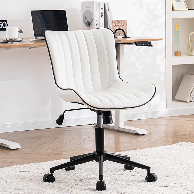 YOUNIKE White Office Chair Swivel Leather Desk Chair, Upholstered Adjustable Computer Task Chair with Wheels, Modern Armless Rolling Gaming Chair Mid Back - LeafyLoom