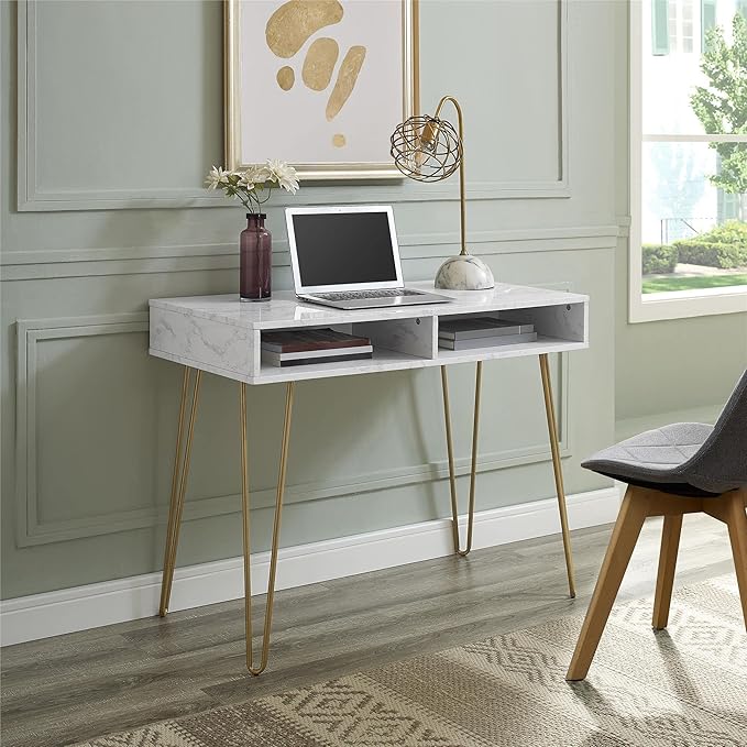 Novogratz Athena Computer Desk with Storage, White Marble - LeafyLoom