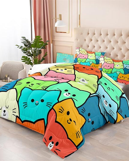 Cartoon Cat Comforter Set 3Pcs - Queen Size Cat Bedding Set for Bedroom Ultra Soft Lovely Animals Themed Comforter Set for Kids Room Decor for All-Season Boys Girls Gifts, 1 Quilt + 2 Pillowcases - LeafyLoom