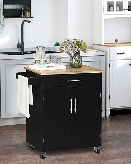 HOMCOM Kitchen Island Cart Rolling Trolley Cart with Drawer, Storage Cabinet & Towel Rack, Black - LeafyLoom