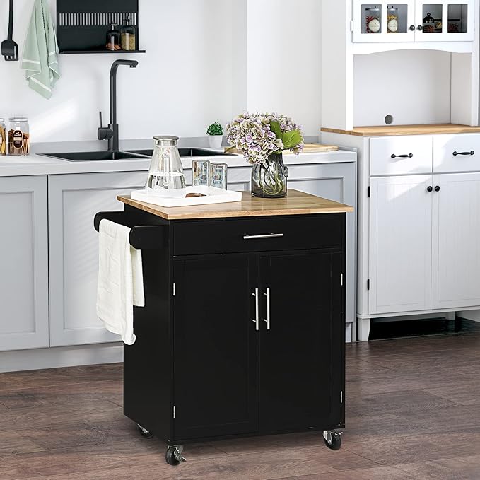 HOMCOM Kitchen Island Cart Rolling Trolley Cart with Drawer, Storage Cabinet & Towel Rack, Black - LeafyLoom