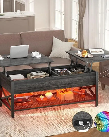 Aheaplus Coffee Table, Lift Top Coffee Table with LED light and Power Outlet, Modern Lift-Top Table with Storage Shelf, Center Table for Living Room, Lift Tabletop, X Support, Metal Frame, Black Oak - LeafyLoom