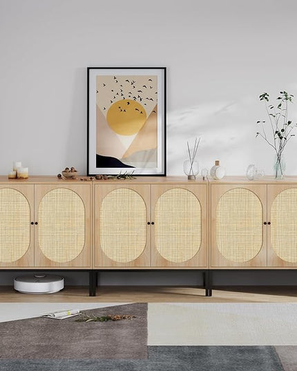 XIAO WEI Set of 3 Sideboard with Handmade Natural Rattan Doors, Rattan Cabinet Console Table Storage Cabinet Buffet Cabinet, for Kitchen, Living Room, Dining, Entryway, Oval Doors - LeafyLoom