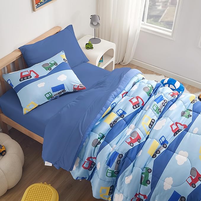 SLEEP ZONE Full/Queen Size Comforter Set for Children, Durable Jersey Knitted Bedding for All Seasons with 1 Comforter(66"x90"), 2 Pillow Cases(20"x26") (Bulldozers,Full/Queen) - LeafyLoom