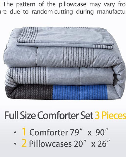 Andency Full Size Blue Comforter Set (79x90 Inch), 3 Pieces Gray and Blue Patchwork Striped Comforter, Soft Microfiber Down Alternative Comforter Bedding Set Bed in a Bag with Corner Loops - LeafyLoom