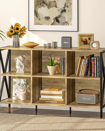 Horizontal Bookshelf Bookcase,6 Cube Storage Organizer with Open Shelf,47 Inch Industrial Low Wide Wood and Metal Cubby shelf,Long shelving unit for Home Office Living Room(Rustic Oak,6 Cube) - LeafyLoom