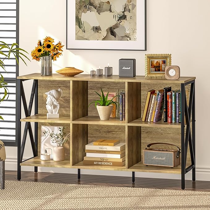 Horizontal Bookshelf Bookcase,6 Cube Storage Organizer with Open Shelf,47 Inch Industrial Low Wide Wood and Metal Cubby shelf,Long shelving unit for Home Office Living Room(Rustic Oak,6 Cube) - LeafyLoom