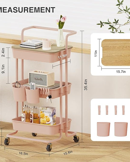 DTK 3 Tier Rolling Utility Cart with Cover Top Board, Movable Kitchen Storage Cart Trolley with Lockable Wheels, Cups, Hooks for Kitchen Bathroom Home Office Art Craft Storage and Organization(Pink) - LeafyLoom