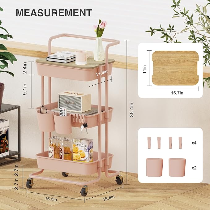 DTK 3 Tier Rolling Utility Cart with Cover Top Board, Movable Kitchen Storage Cart Trolley with Lockable Wheels, Cups, Hooks for Kitchen Bathroom Home Office Art Craft Storage and Organization(Pink) - LeafyLoom