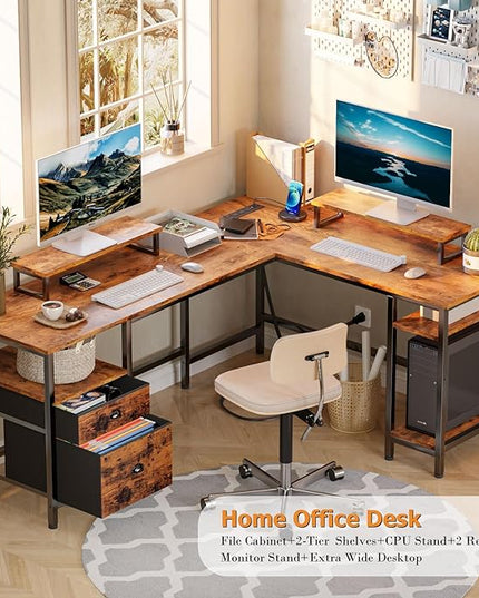 Furologee 66” L Shaped Desk with Power Outlet, Reversible Computer Desk with File Drawer & 2 Monitor Stands, Home Office Desk with Storage Shelves, Corner Desk for Gaming Writing, Rustic Brown - LeafyLoom
