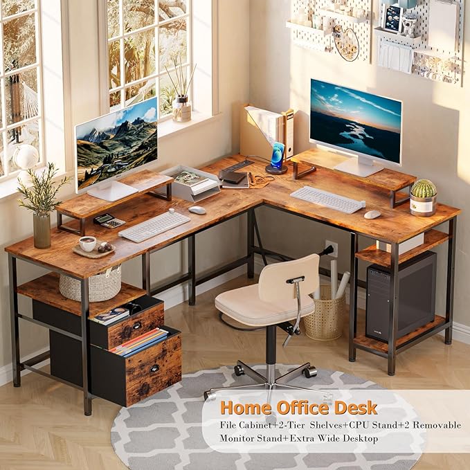 Furologee 66” L Shaped Desk with Power Outlet, Reversible Computer Desk with File Drawer & 2 Monitor Stands, Home Office Desk with Storage Shelves, Corner Desk for Gaming Writing, Rustic Brown - LeafyLoom