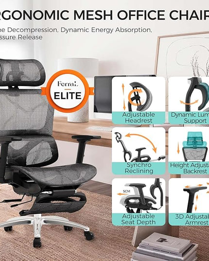 Ferral Ergonomic Office Chair, High Back Home Office Desk Chair with Lumbar Support, 4D Adjustable Armrest & Seat Depth, Computer Mesh Office Chair with Tilt Function, Adjustable Headrest, footrest - LeafyLoom