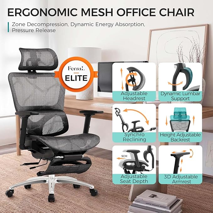 Ferral Ergonomic Office Chair, High Back Home Office Desk Chair with Lumbar Support, 4D Adjustable Armrest & Seat Depth, Computer Mesh Office Chair with Tilt Function, Adjustable Headrest, footrest - LeafyLoom