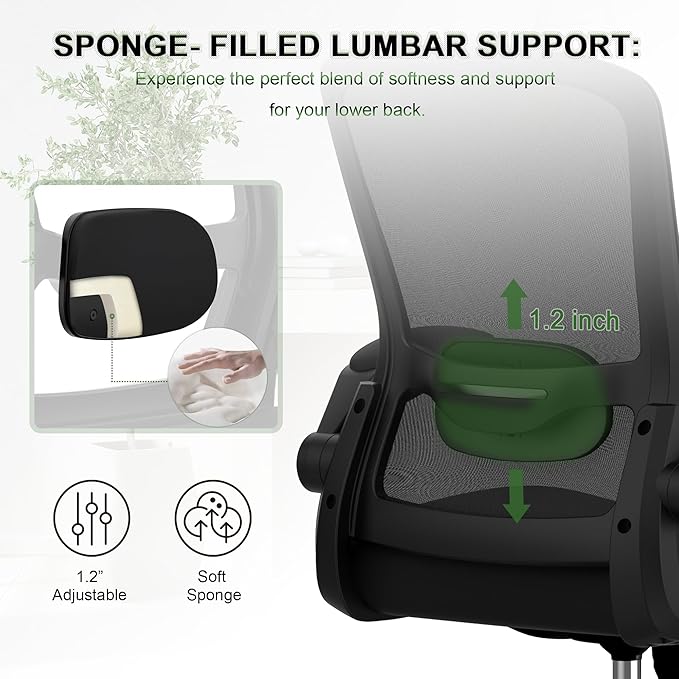 Mimoglad Home Office Chair, Ergonomic Desk Chair with Adjustable Lumbar Support, High Back Computer Chair- Adjustable Headrest with Flip-Up Arms, Swivel Task Chair for Home Office (Black) - LeafyLoom