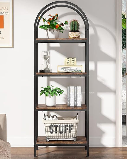 4-tier Arched Bookshelf, Tall Open Bookcase Storage Shelves, Wood Metal Freestanding Display Rack Tall Shelving Unit for Home Office, Bedroom, Living Room, Rustic Brown - LeafyLoom
