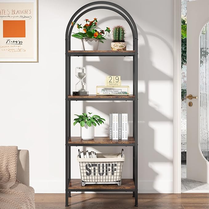 4-tier Arched Bookshelf, Tall Open Bookcase Storage Shelves, Wood Metal Freestanding Display Rack Tall Shelving Unit for Home Office, Bedroom, Living Room, Rustic Brown - LeafyLoom