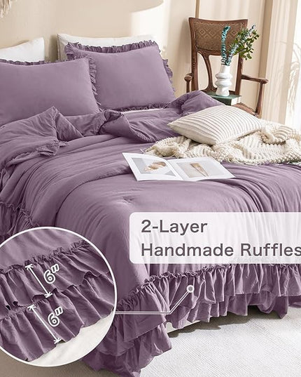 Ruffle Comforter Queen Size,Farmhouse Shabby Boho Chic Queen Bedding Comforter Set,3pcs Ultra Soft Fluffy Grayish Purple Comforter Sets for Queen Bed with 2 Ruffled Pillowcases - LeafyLoom
