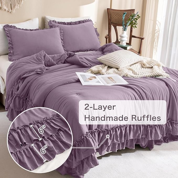 Ruffle Comforter Queen Size,Farmhouse Shabby Boho Chic Queen Bedding Comforter Set,3pcs Ultra Soft Fluffy Grayish Purple Comforter Sets for Queen Bed with 2 Ruffled Pillowcases - LeafyLoom
