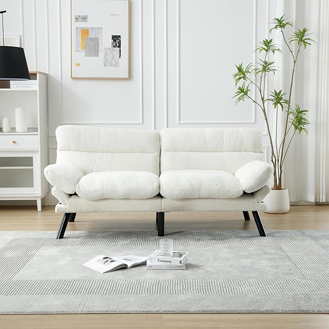70.08" Modern Upholstered 2 Seaters Soft with Metal Feet,Accent Deep Seat Loveseat Double Sofas Couch w/Convertible Bed,for Dorm,Apartment,Studio,Office,White Teddy - LeafyLoom