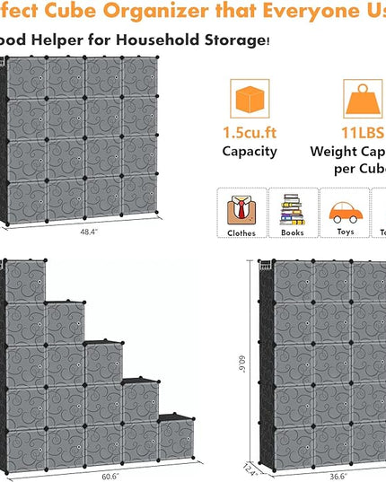 C&AHOME Cube Storage Organizer, 16-Cube Storage Shelving with Doors, Modular Book Shelf, Plastic Shelves Organizing Units, Ideal for Bedroom Living Room 48.4" L × 12.4" W × 48.4" H Black SHS3016B-DOOR - LeafyLoom