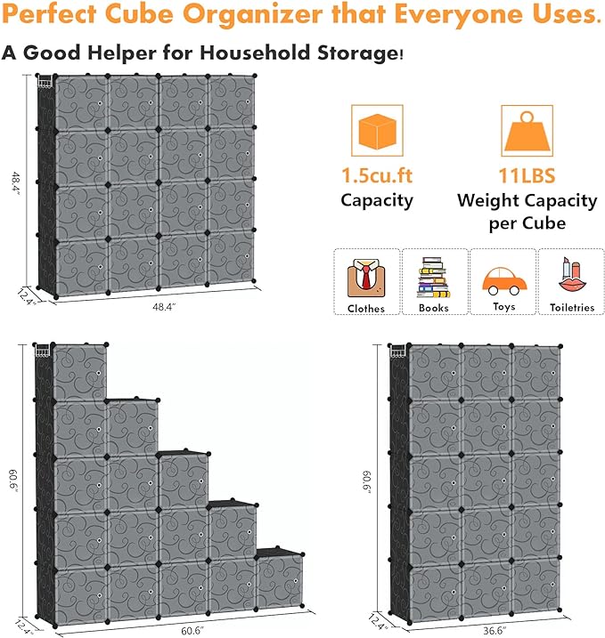 C&AHOME Cube Storage Organizer, 16-Cube Storage Shelving with Doors, Modular Book Shelf, Plastic Shelves Organizing Units, Ideal for Bedroom Living Room 48.4" L × 12.4" W × 48.4" H Black SHS3016B-DOOR - LeafyLoom
